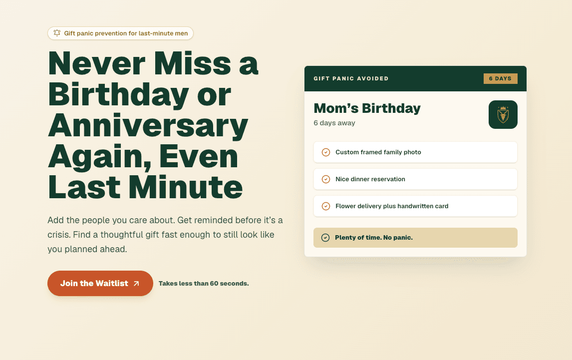 Last Minute Legend’s warm ivory landing page with green typographic illustration